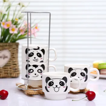 4pcs/set Panda Pohár Kosti Čína Kávové Hrnčeky Kuchyňa Drinkware Vianočný Darček s Oceľový Stojan Cartoon Hrnčekov Čaju Mlieko Poháre