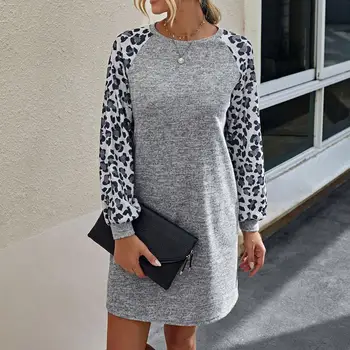 50% HOT PREDAJ！！！Bežné Ženy Jeseň Leopard Patchwork Dlhý Rukáv O Krk Voľná Tunika Mini Šaty