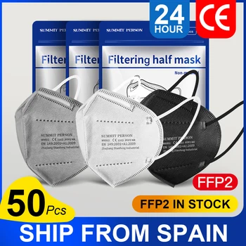 50 KS FFP2 Masku na Tvár KN95 Pleťové Masky 5 Vrstiev Filtra Mascarillas Proti Prachu Respirátor Black Úst Mascherine Loď Zo Španielska