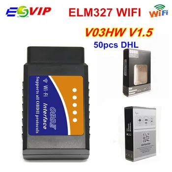 50pcs/DHL OBD/OBDII Skener ELM327 WIFI V1.5 V03HW mini elm 327 WIFI V1.Top 5 elm327 OBD Diagnostický Interface box balenie