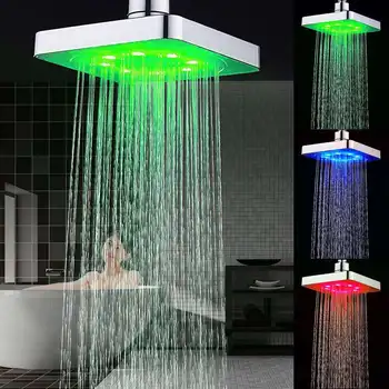 6 Palcový LED Svetlo Námestie Daždi Hlavu, z Nehrdzavejúcej Ocele, 3 Farby na reguláciu Teploty, Kúpeľňa Showerhead