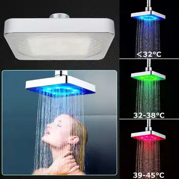 6 Palcový LED Svetlo Námestie Daždi Hlavu, z Nehrdzavejúcej Ocele, 3 Farby na reguláciu Teploty, Kúpeľňa Showerhead