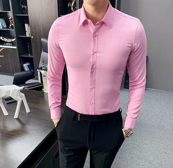 6 Solid Farba Ružová Smoking Košeľu Mužov Tričko S Dlhým Rukávom Košieľka Business Office Funguje Košele Camisa Sociálne Masculina