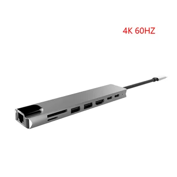8 v 1 USB-C Hub Hliníkovej Zliatiny HD 2 USB 3.0 Adapter PD Plnenie SD &TF Card Reader, RJ45 Prenosný Notebook Príslušenstvo, Sivá