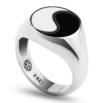 925 Sterling Silver Tai Chi, Yin Yang Krúžok White & Black Smalt Osobnosti Rovnováhu Ázijské Vintage Prsteň na Prst Pre Mužov, Ženy