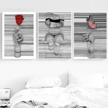 Abstrakt Kiss Dievča Telo Línie Strane Kvetinové Steny Umelecké Plátno Na Maľovanie Nordic Plagáty A Potlačou Obrazov Na Stenu Pre Obývacia Izba Dekor