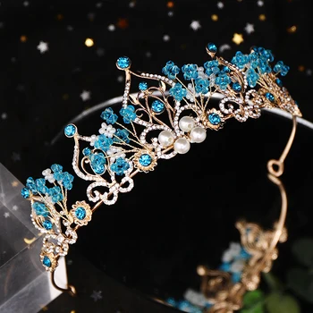 AiliBride Princezná Koruny Gold Pearl Modré Crystal Svadobné Diadem Svadobné tiara Headpiece Vlasy, Šperky, Svadobné Doplnky do Vlasov Nové