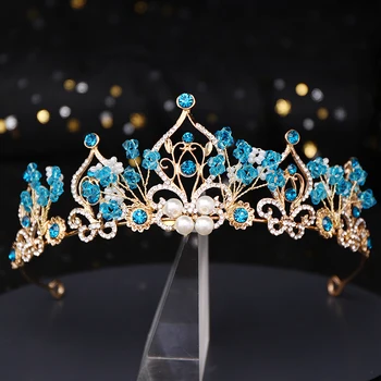 AiliBride Princezná Koruny Gold Pearl Modré Crystal Svadobné Diadem Svadobné tiara Headpiece Vlasy, Šperky, Svadobné Doplnky do Vlasov Nové