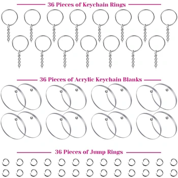 Akryl Keychain Prázdne, 108Pcs Jasné Keychains pre Vinyl Auta Vrátane 36Pcs Akryl Prázdne miesta,Skok Krúžky pre DIY Keychain