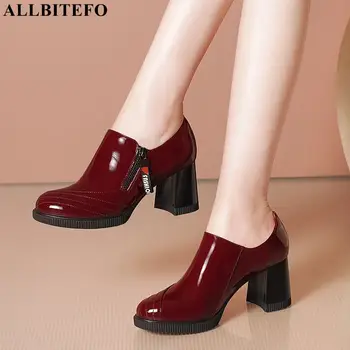 ALLBITEFO veľkosť 33-42 červené víno módne reálne pravej kože ženy, podpätky, topánky sexy Nepremokavé platformu vysokom podpätku topánky, vysoké podpätky