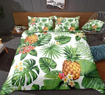 Ananásy posteľná bielizeň nastaviť bielu prikrývku, kryt zelené palmové listy perinu nastaviť kráľ dropship domáci textil, botanická posteľ nastaviť kvety