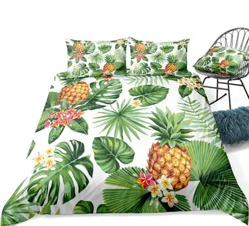 Ananásy posteľná bielizeň nastaviť bielu prikrývku, kryt zelené palmové listy perinu nastaviť kráľ dropship domáci textil, botanická posteľ nastaviť kvety