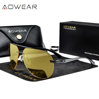 AOWEAR bez obrúčok Night Vision Okuliare Mužov Polarizované Bezpečné Nočné Jazdy Okuliare Okuliare Muž UV400 Žlté slnečné Okuliare Gafas De Sol