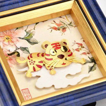 Asklove Zlato Tiger Čínskeho Zverokruhu obrázky Gold Leaf Remesiel Tiger rok Šťastie obrázky Ploche Ozdoby Remesiel Domáce dekorácie