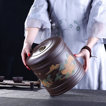 Autentické Yixing Fialová Hliny Čaj Plechovky Ručne Maľované Krajiny Čaj Caddy Puer Tortu Skladovanie Kanister Zapečatenej Krabice Vintage Domova