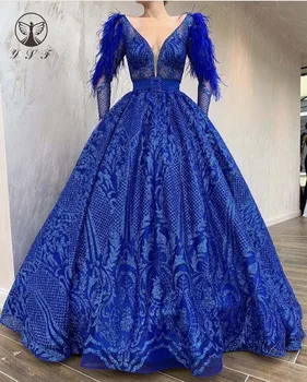 Autor Hlboko V Krku Dlhý Rukáv Pierko Bling Bling Lesk Textílie Kráľovská Modrá Plesové Šaty Prom Šaty