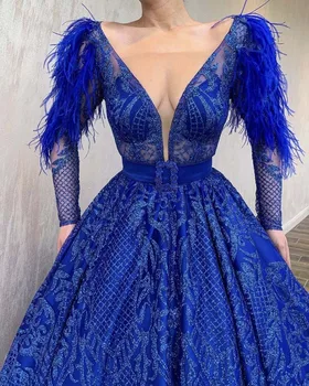 Autor Hlboko V Krku Dlhý Rukáv Pierko Bling Bling Lesk Textílie Kráľovská Modrá Plesové Šaty Prom Šaty