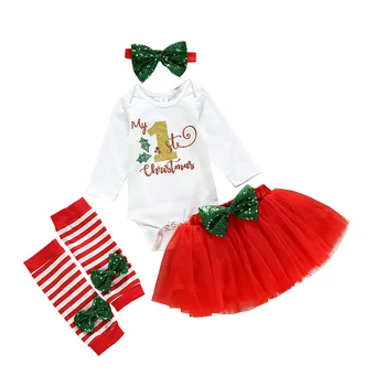 Baby Dievčatá Vianočné Oblečenie Sady Romper+Tutu sukne+Leg warmer+hlavový most 4Pcs Súpravy Dojčenská Santa Nosiť dieťa Dievčatá Potápačské Sety
