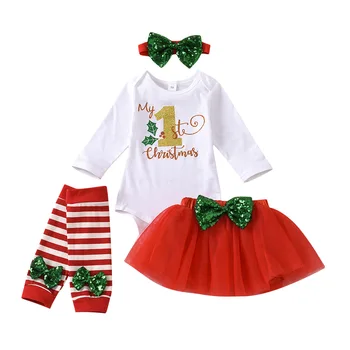 Baby Dievčatá Vianočné Oblečenie Sady Romper+Tutu sukne+Leg warmer+hlavový most 4Pcs Súpravy Dojčenská Santa Nosiť dieťa Dievčatá Potápačské Sety