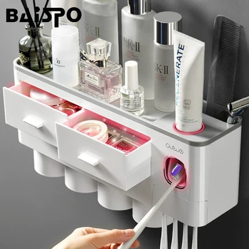 BAISPO Magnetické Adsorpcie Kefka Držiteľ Automatické zubná pasta Dávkovač Plastové Wall Mount Úložný Stojan Kúpeľňových Doplnkov