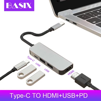 Basix USB-C HUB Typ C, HDMI 4K Rozbočovač USB 3.0 Adapter PD Nabíjací Port pre MacBook Pro Samsung Galaxy S8 Huawei P20 Usb C Hub