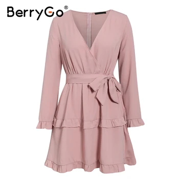 BerryGo Dlhý rukáv prehrabať ružová ženy šaty Vysokej wasit letné šaty elegantné tvaru streetwear elegantné dámy krátke party šaty 2020
