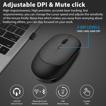 Bezdrôtová Myš pre MacBook PC, iPad Počítač Nabíjateľná Dual Režimy Bluetooth 4.0 + USB myš s 3 Nastaviteľné DPI