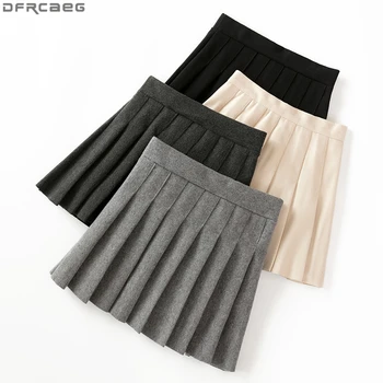 Bežné Streetwear Skladaná Sukňa Ženy Zimné Vlna Krátke Sukne A-line Mini Jupe Femme Gray Black Saia Kawaii Školy Korčuliarov Sukne