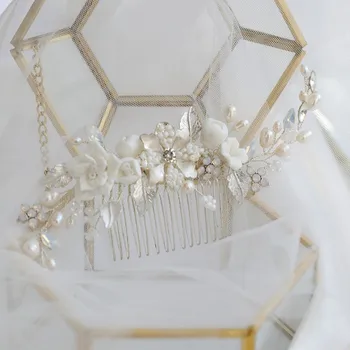 Biely Porcelán Kvetinové Svadobné Česať Vlasy Kus Perly Svadobné Šperky Vyrábané Ručne Ženy Headpiece Vlasy Ornament