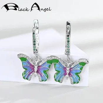 BLACK ANGEL Farebné Smalt Butterfly Klip Náušnice Pre Ženy 925 Silver CZ Roztomilý Hmyzu Náušnice Svadobné Party Šperky Veľkoobchod