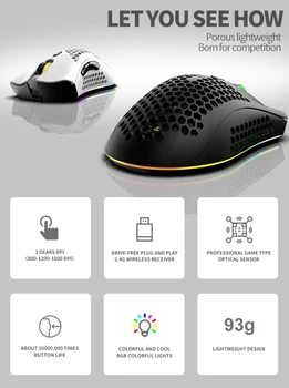 BM600 2.4 GHz Wireless Gaming Mouse USB Nabíjateľné 1600DPI Nastaviteľné RGB Podsvietenie Duté Z Plástu Office Hráč Myší