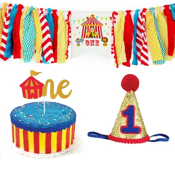 Cirkus Party Dekorácie Nastaviť Karneval Thme Detské Jedálenské Stoličky Strapec Banner Tortu Vňaťou 1. Narodeniny Klobúk pre Deti Prvé Narodeniny