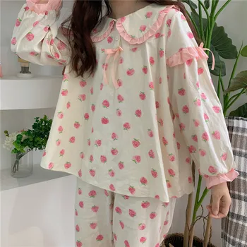 Cudzie Kitty Jeseň Krásne Jemné Klope Jahoda Tlač Minimalistický Sladké 2020 Kórejský Príležitostné Voľné Elegantný Módy Pyžamo Nastaviť