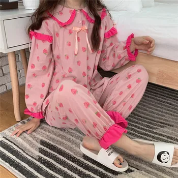 Cudzie Kitty Jeseň Krásne Jemné Klope Jahoda Tlač Minimalistický Sladké 2020 Kórejský Príležitostné Voľné Elegantný Módy Pyžamo Nastaviť