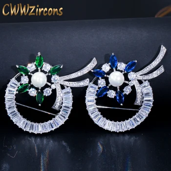 CWWZircons Brilantné Zelená a Modrá Cubic Zirconia Spevnené Ženy Veľké Krásny Kvet Brošne Kolíky Šperky s Pearl BH005
