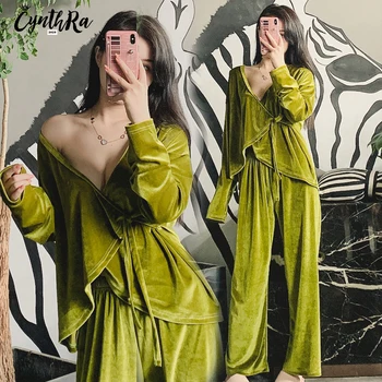 CYNTHRA Sleepwear Žien Sexy Zlato Velvet Hlboké V Kimono Pyžamo Jeseň Dlhým Rukávom Bežné Čipky Dámy oblečenie pre voľný čas Pyžamo Nastaviť