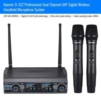 D-332 Profesionálny Duálny Kanál UHF Digitálny Bezdrôtový Ručný Mikrofón Systém 2 Mikrofóny & 1 Prijímač 6.35 mm Audio Kábel