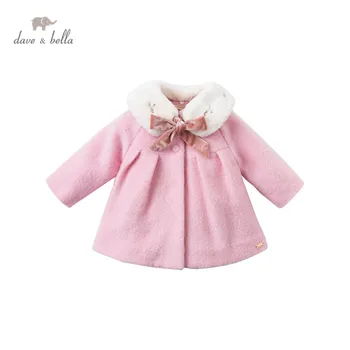 DB15672 dave bella zimné baby dievčatá módne tlačidlo luk kožušiny kvetinový kabát deti topy dieťa batoľa vrchné oblečenie