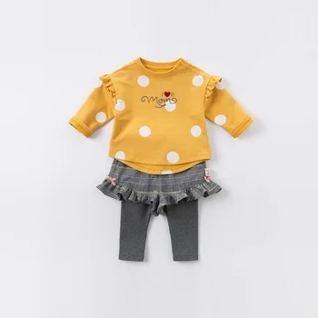 DBJ14384-1 dave bella jeseň dievčatká bodky list tlač ruched T-shirt deti topy dievčatá roztomilý tlačidlo deti tees móda