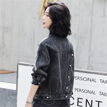Denim jacket Jeans Kabát Žien Vintage Čierna Jeseň 2020 Nový kórejský Štýl, Dlhý Rukáv Voľné ženy kabáty a bundy 96B