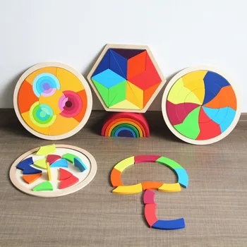 Detská Hračka Drevené Puzzle Rainbow Skladačka 3D PUZZLE 7pcs Kruh, trojuholník Stanovené Vzdelávacie Monterssori hračka pre deti,
