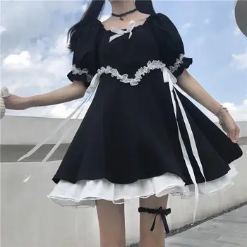 Dievča Čiernej A Bielej Lolita Šaty Lístkového Rukáv Japonský Punk Štýl Estetické, Elegantné Slim Strany Viktoriánskej Námestím Golier