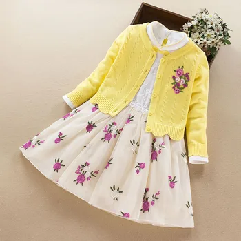 Dievčatá Oblečenie Sady Jeseň Jar Deti, vyšívané kvet Kabát+šaty 2ks Obleky pre Baby Girl Party detské Oblečenie 3 7 9Year