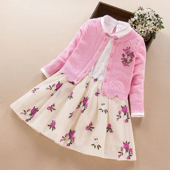 Dievčatá Oblečenie Sady Jeseň Jar Deti, vyšívané kvet Kabát+šaty 2ks Obleky pre Baby Girl Party detské Oblečenie 3 7 9Year