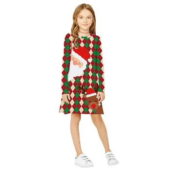 Dievčatá Vianočné Šaty Dospievajúce Deti Dievča Dlhý Rukáv 3D Tlač Cartoon Vianoce Vianočné Šaty Šaty Šaty Pre Deti 9-10roční #