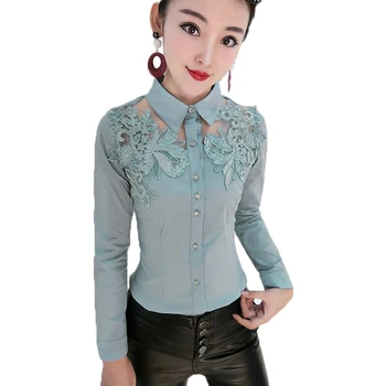 Dingaozlz Jar Nové čipky, výšivky Topy Patchwork Duté von Biela blúzka kórejský módne Štíhle Ženy Šifón tričko