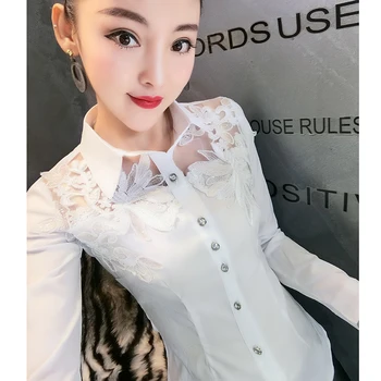 Dingaozlz Jar Nové čipky, výšivky Topy Patchwork Duté von Biela blúzka kórejský módne Štíhle Ženy Šifón tričko