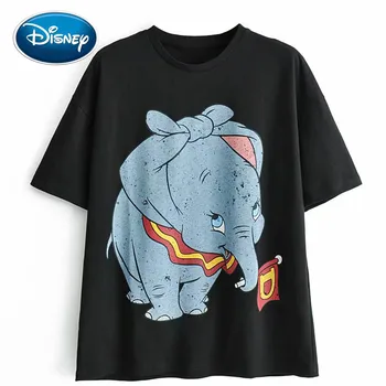 Disney Módne Slon Dumbo Vlajka Karikatúra Tlače Čierny T-Shirt O-Krku Pulóver S Krátkym Rukávom Bežné Sladké Štýlové Ženy Tee Topy