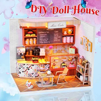 DIY Drevené Miniatúrne Doll House Európe kaviareň Miss Tortu domček pre bábiky Izba Box Vzdelávacie Hračky pre Dievča, Darček Vianočný Darček