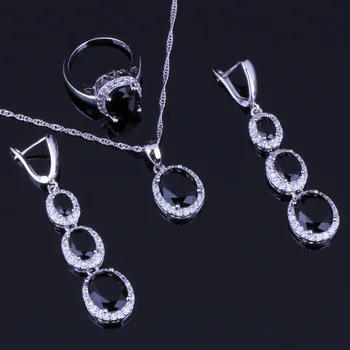 Dobre vyzerajúci Oválny Čierny Cubic Zirconia Biela CZ Strieborné Pozlátené Šperky, Náušnice, Sety Prívesok Reťazca Krúžok V0036